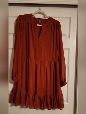 Vince Camuto Rust Red Long-Sleeve Ruffle Hem Dress